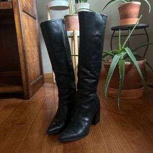 black nine west brixe heeled leather boots